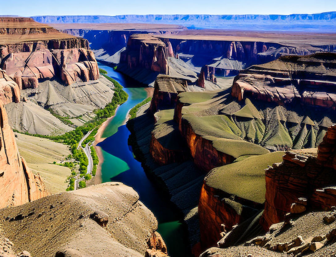 Scenic river flowing through deep canyon with layered rock formations