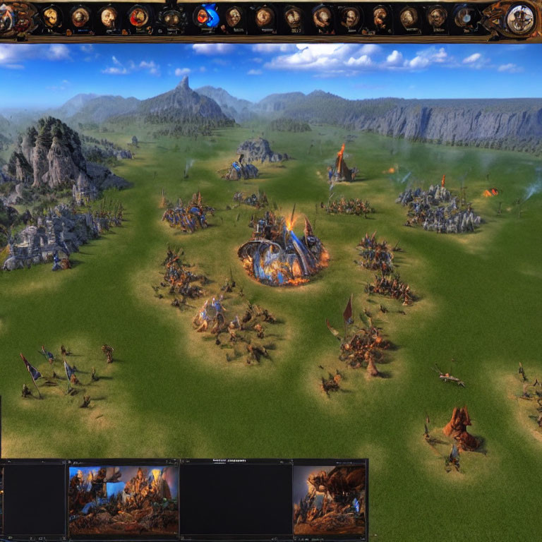 Fantasy strategy game battlefield with armies and creatures in scenic landscape