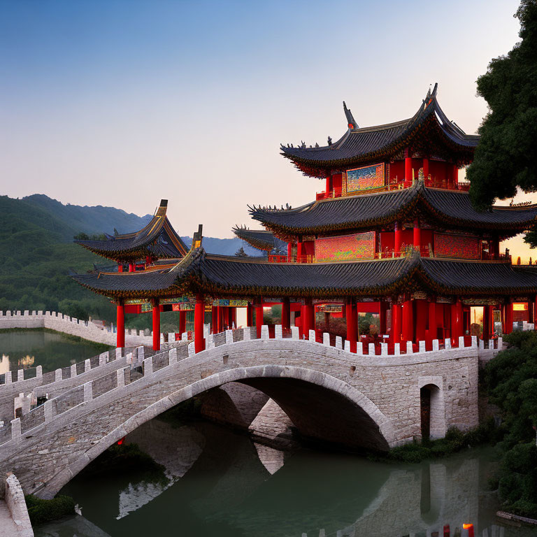 Traditional Chinese Pagoda Overlooking Stone Bridge and River at Dusk