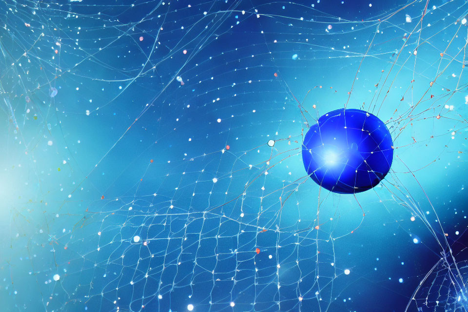 Intricate Blue Sphere Surrounded by Glowing Web Structures