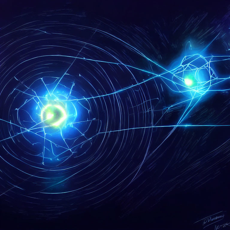 Abstract digital artwork: Bright blue energy spheres connected by swirling lines