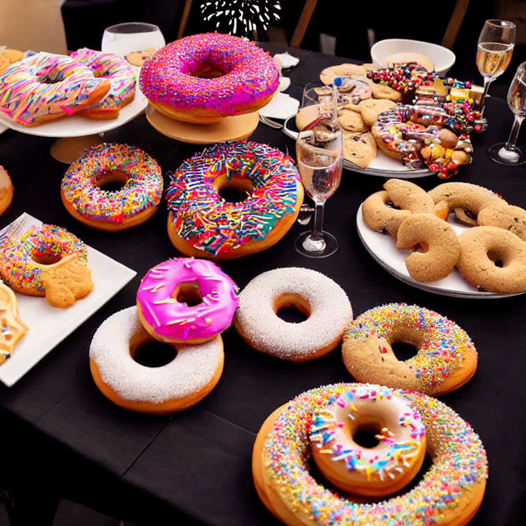 Assorted colorful donuts, cookies, candy, and champagne on a festive table