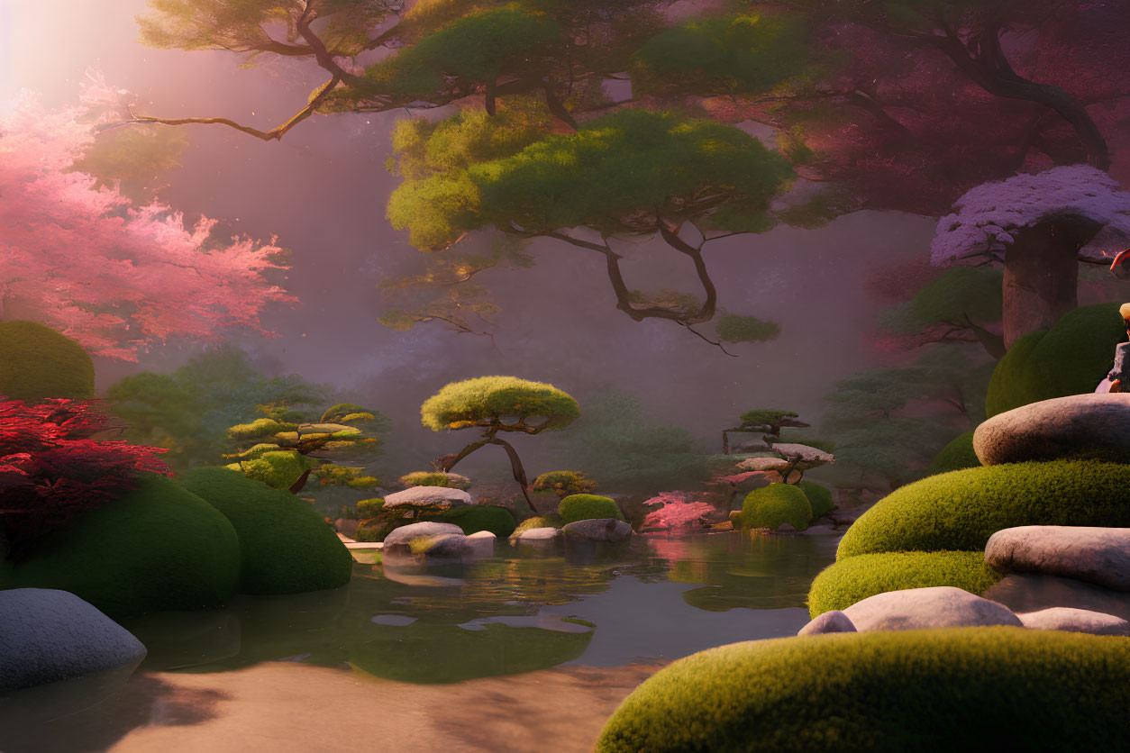 Tranquil Japanese garden at dusk with cherry blossoms, moss-covered stones, and a peaceful figure