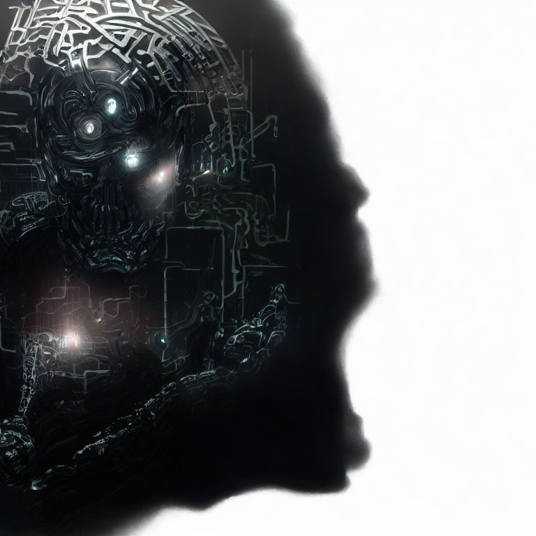 Silhouette of Human Profile with Cybernetic Brain and AI Elements