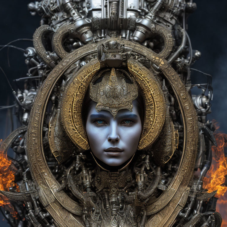 Intricate golden headgear on blue-faced figure with mechanical halo in dark background