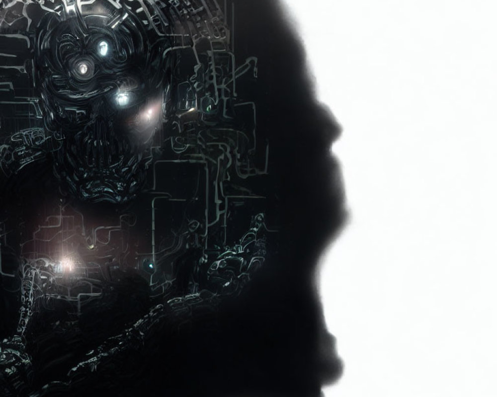 Silhouette of Human Profile with Cybernetic Brain and AI Elements