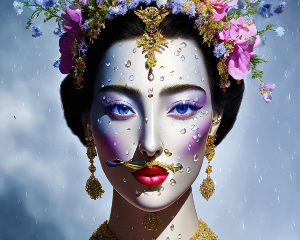 Woman with decorative makeup, floral headdress, and golden jewelry under cloudy sky