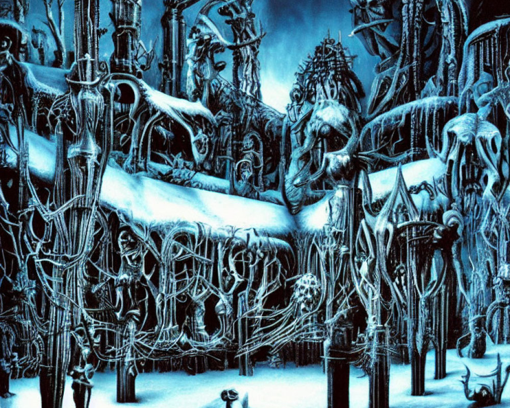 Surreal dark blue-toned artwork of icy landscape with frozen structures and lone figure