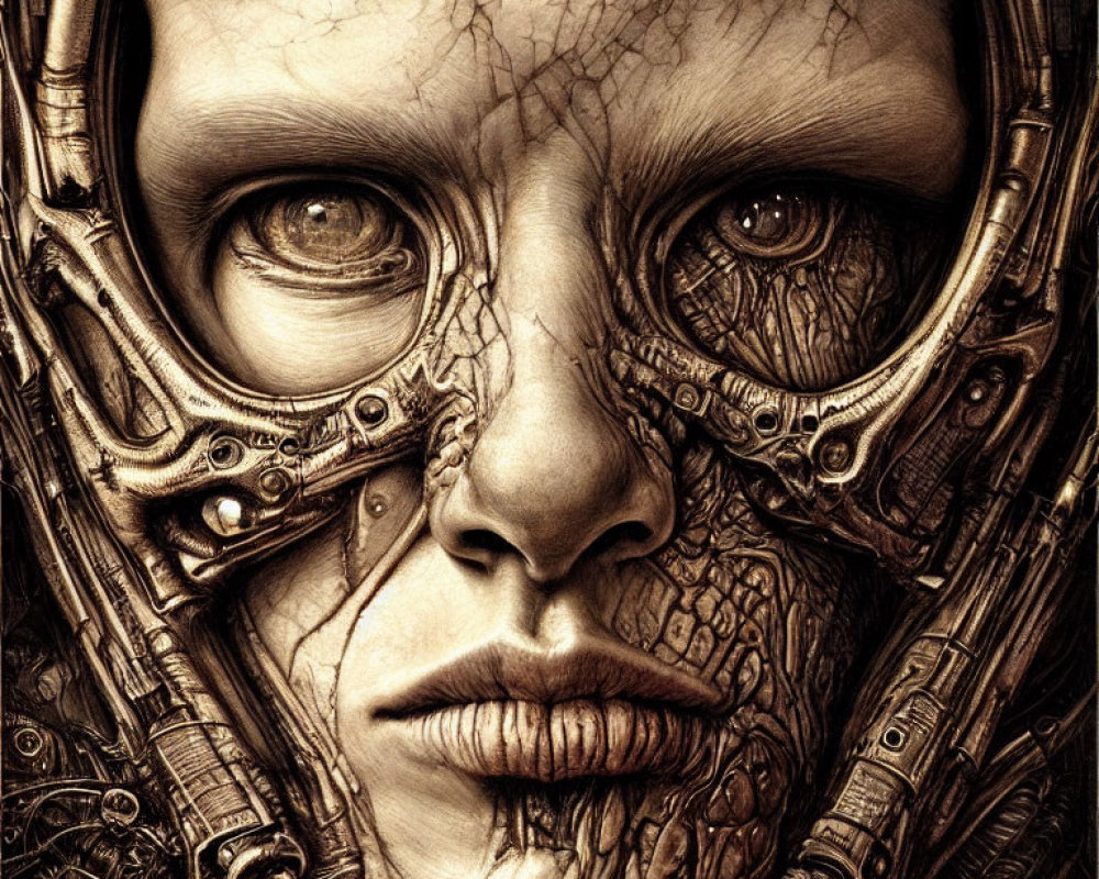 Illustration of humanoid face with textured skin and integrated mechanical components.