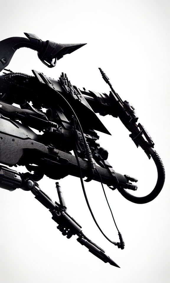 Detailed Mechanized Dragon Silhouette on White Background