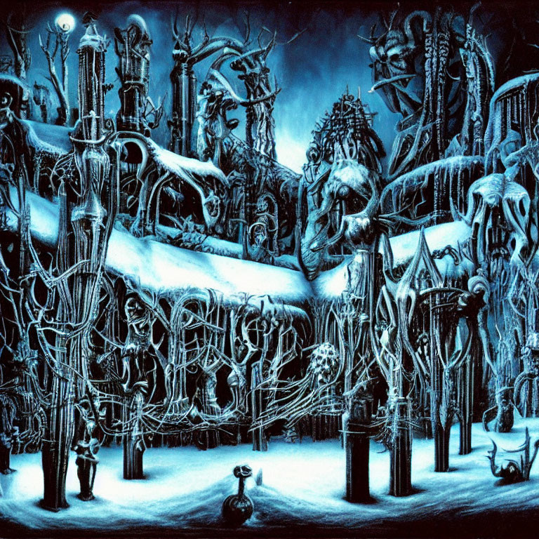 Surreal dark blue-toned artwork of icy landscape with frozen structures and lone figure