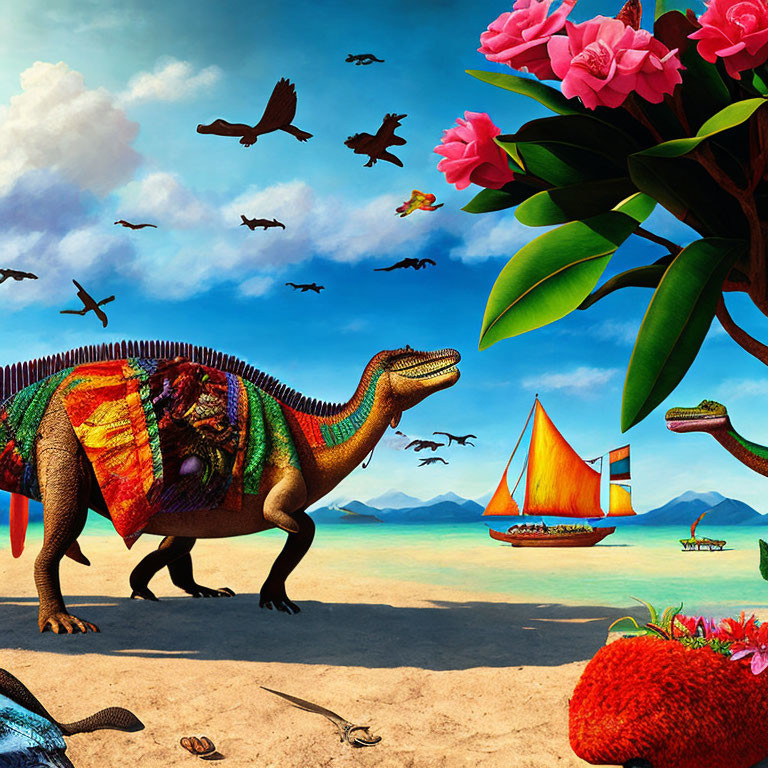 Colorful dinosaur on beach with coral and flowers, birds flying, another dinosaur swimming near sailboat in