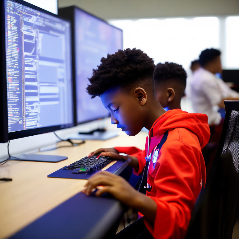 Young person coding in classroom with others working nearby