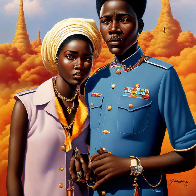 Man in military uniform & woman in lavender dress with yellow headwrap against golden spires.