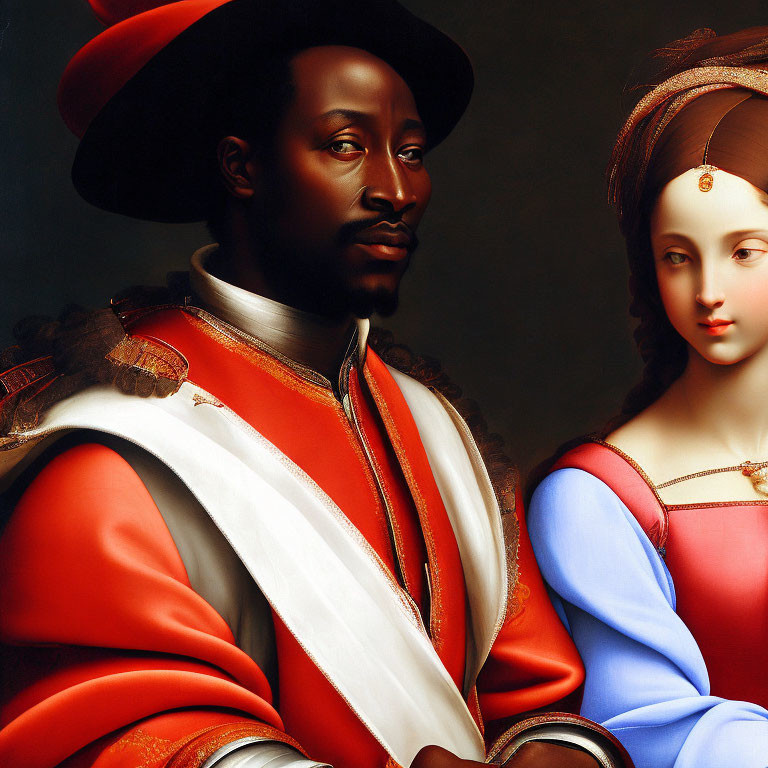 Renaissance man in red hat with serene woman in blue portrait