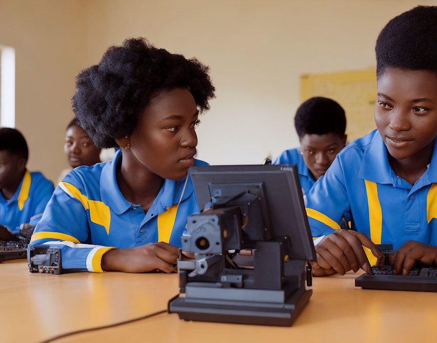 Students in blue uniforms using computer and scientific equipment