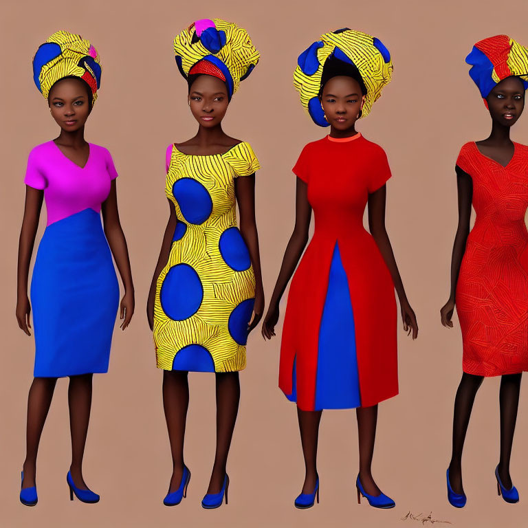 Four 3D-animated women in colorful dresses and headwraps on brown background