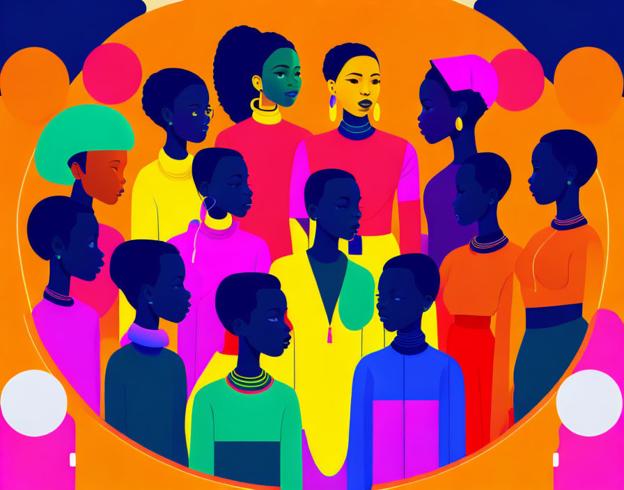 Diverse group of stylized people in colorful clothes on vibrant background