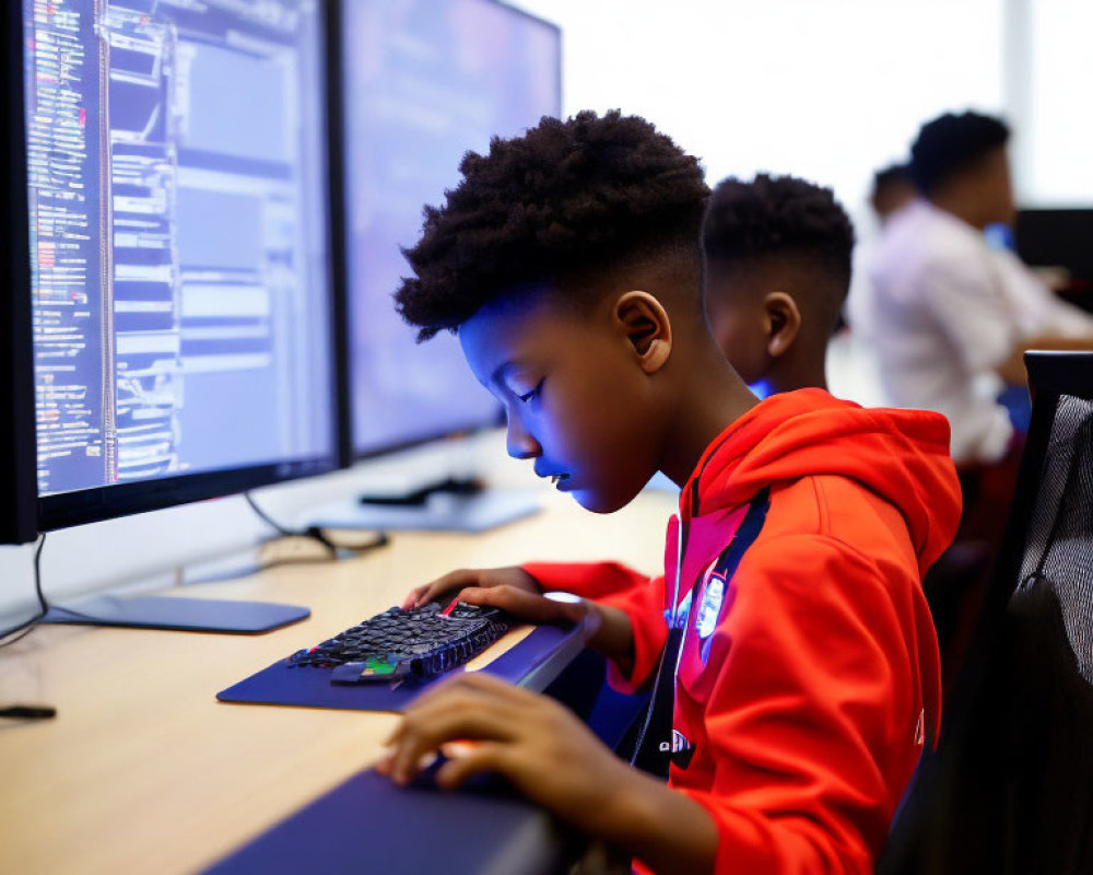 Young person coding in classroom with others working nearby