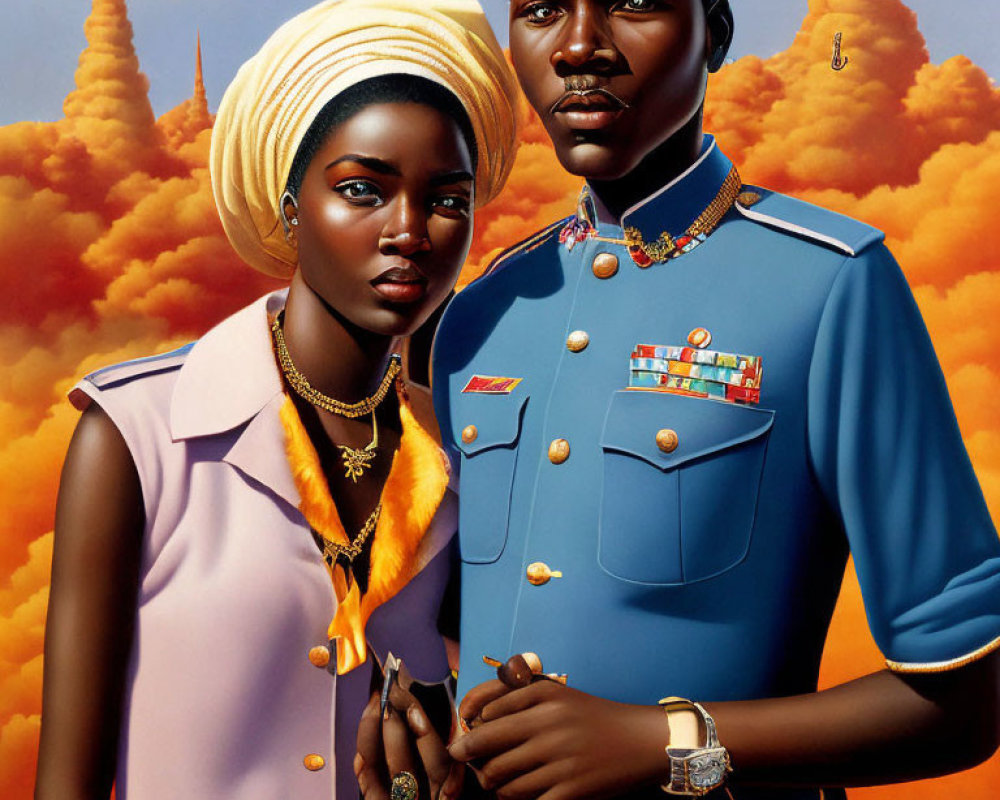 Man in military uniform & woman in lavender dress with yellow headwrap against golden spires.