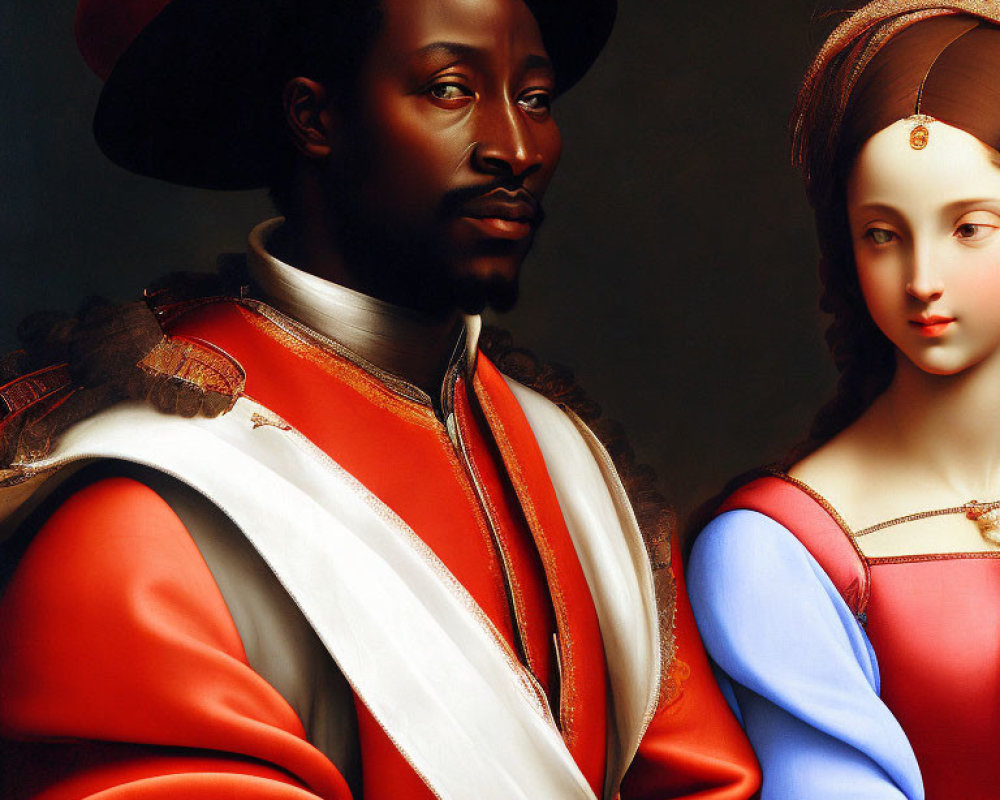 Renaissance man in red hat with serene woman in blue portrait