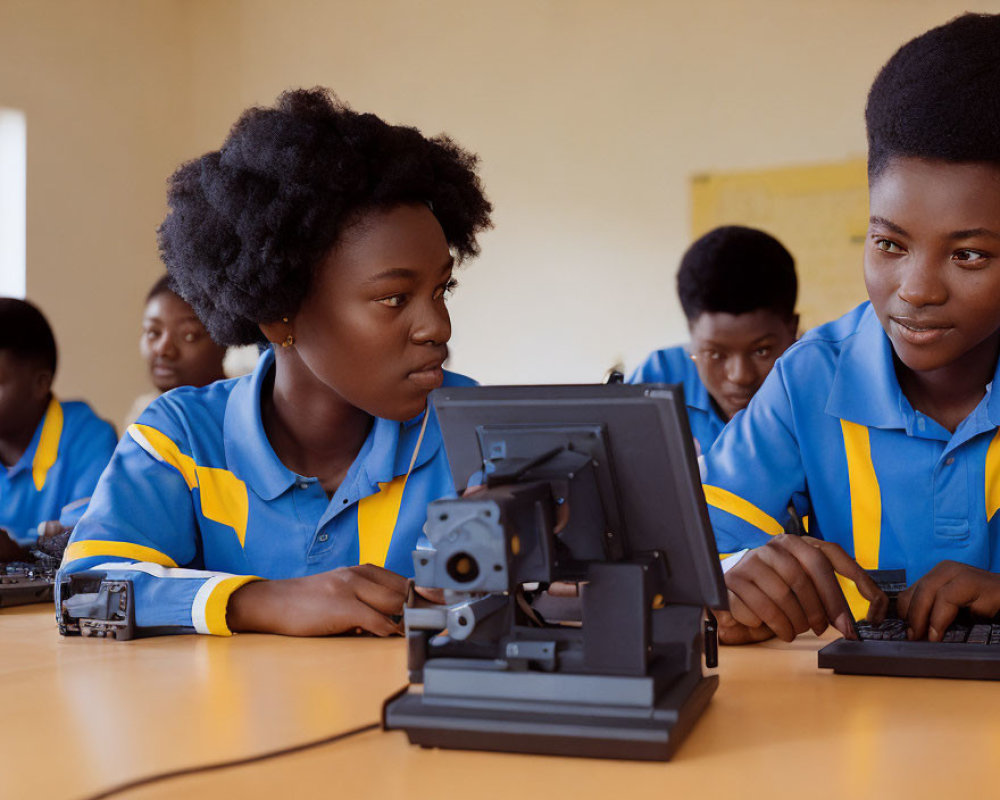 Students in blue uniforms using computer and scientific equipment