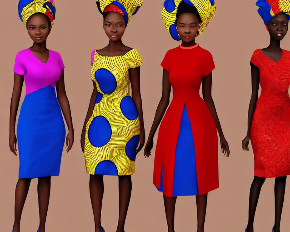 Four 3D-animated women in colorful dresses and headwraps on brown background