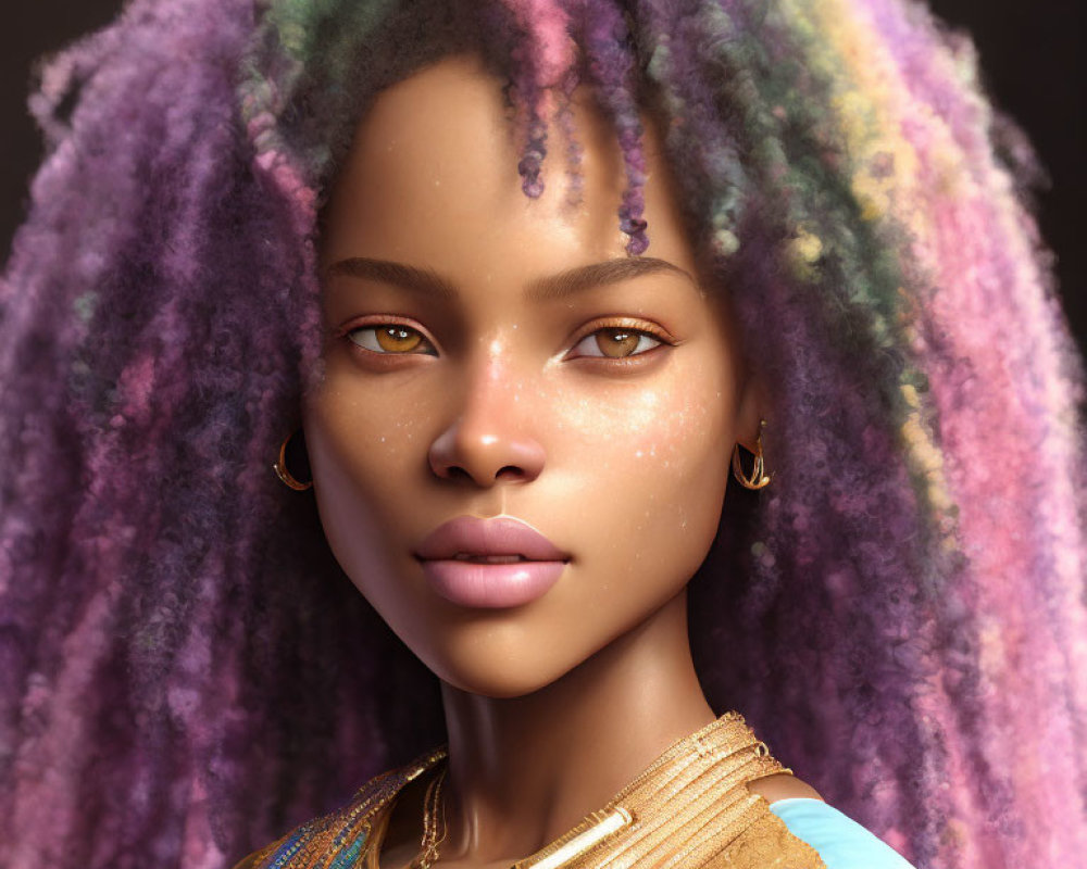 Vibrant digital portrait of a woman with multicolored curly hair and golden eyes