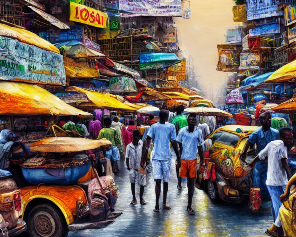 Colorful street scene with stalls, umbrellas, tuk-tuks, and signage.