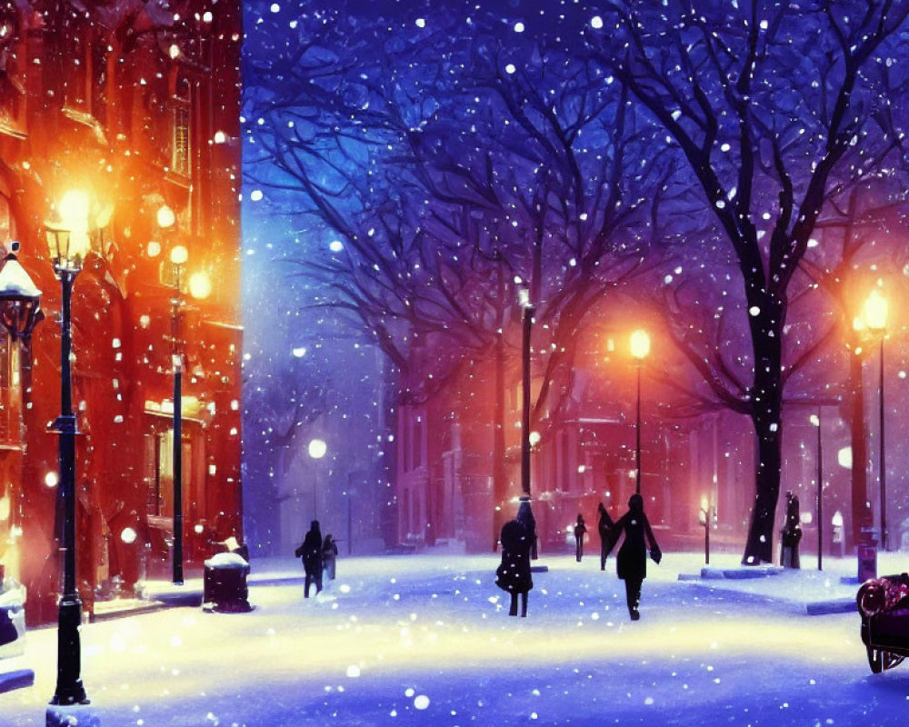 Snowy Evening Scene: People Walking under Street Lamps in Vibrant Blue and Purple Tones