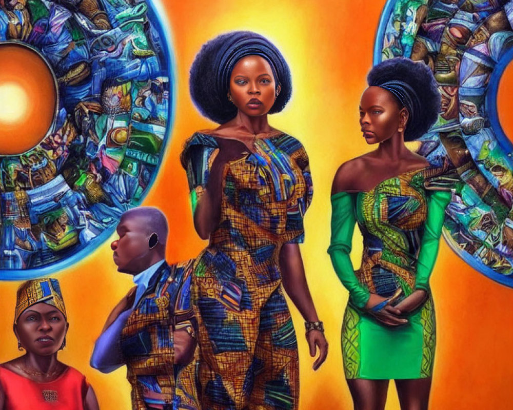 Stylized women in African attire against intricate backdrop