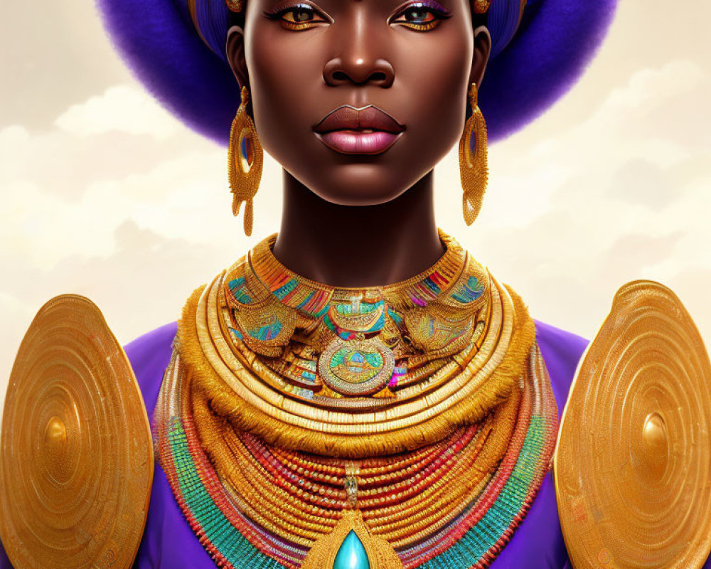 Regal woman with golden jewelry and purple headdress