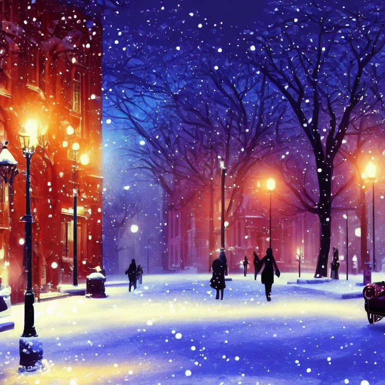 Snowy Evening Scene: People Walking under Street Lamps in Vibrant Blue and Purple Tones