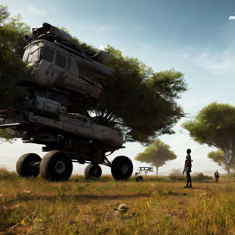 Child near oversized truck with helicopter on savanna backdrop.