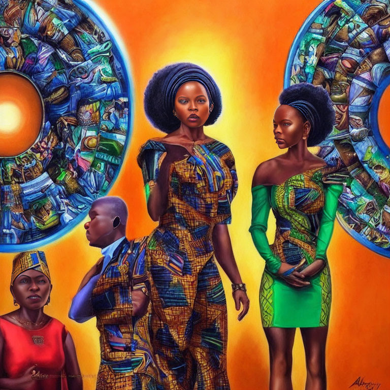 Stylized women in African attire against intricate backdrop