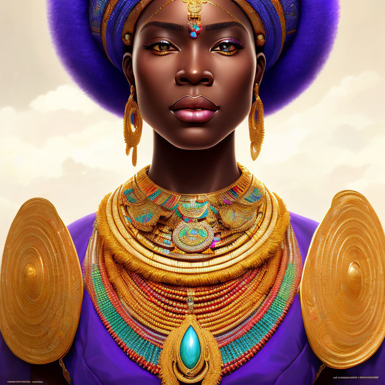 Regal woman with golden jewelry and purple headdress