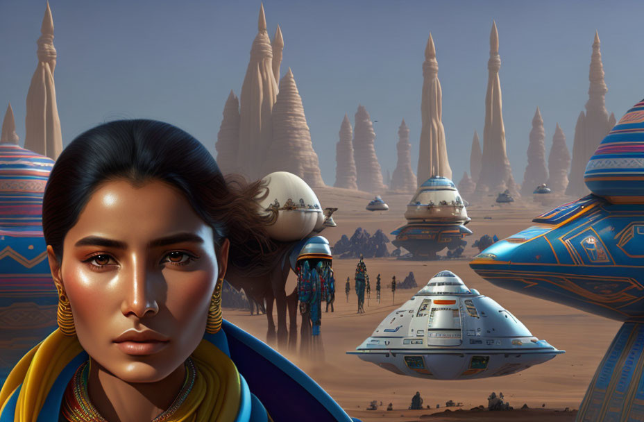 Digital art: Woman in sci-fi desert landscape with futuristic cityscape and vehicles.