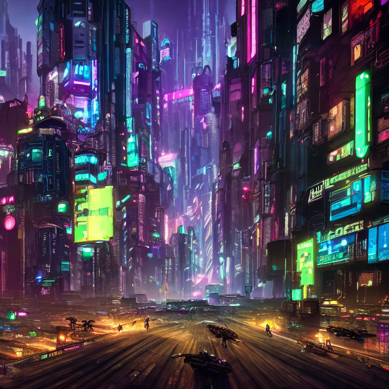 Neon-lit cyberpunk cityscape with skyscrapers and flying vehicles