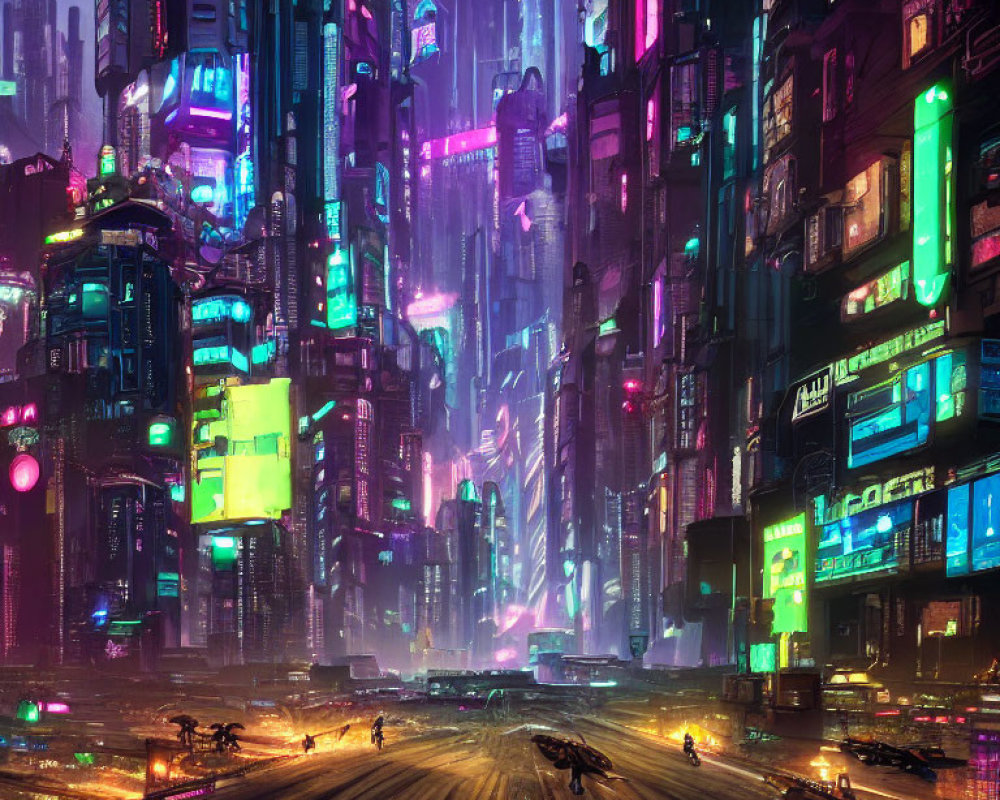 Neon-lit cyberpunk cityscape with skyscrapers and flying vehicles