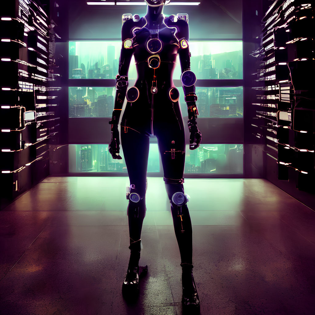 Futuristic figure in advanced suit with glowing cityscape and data servers