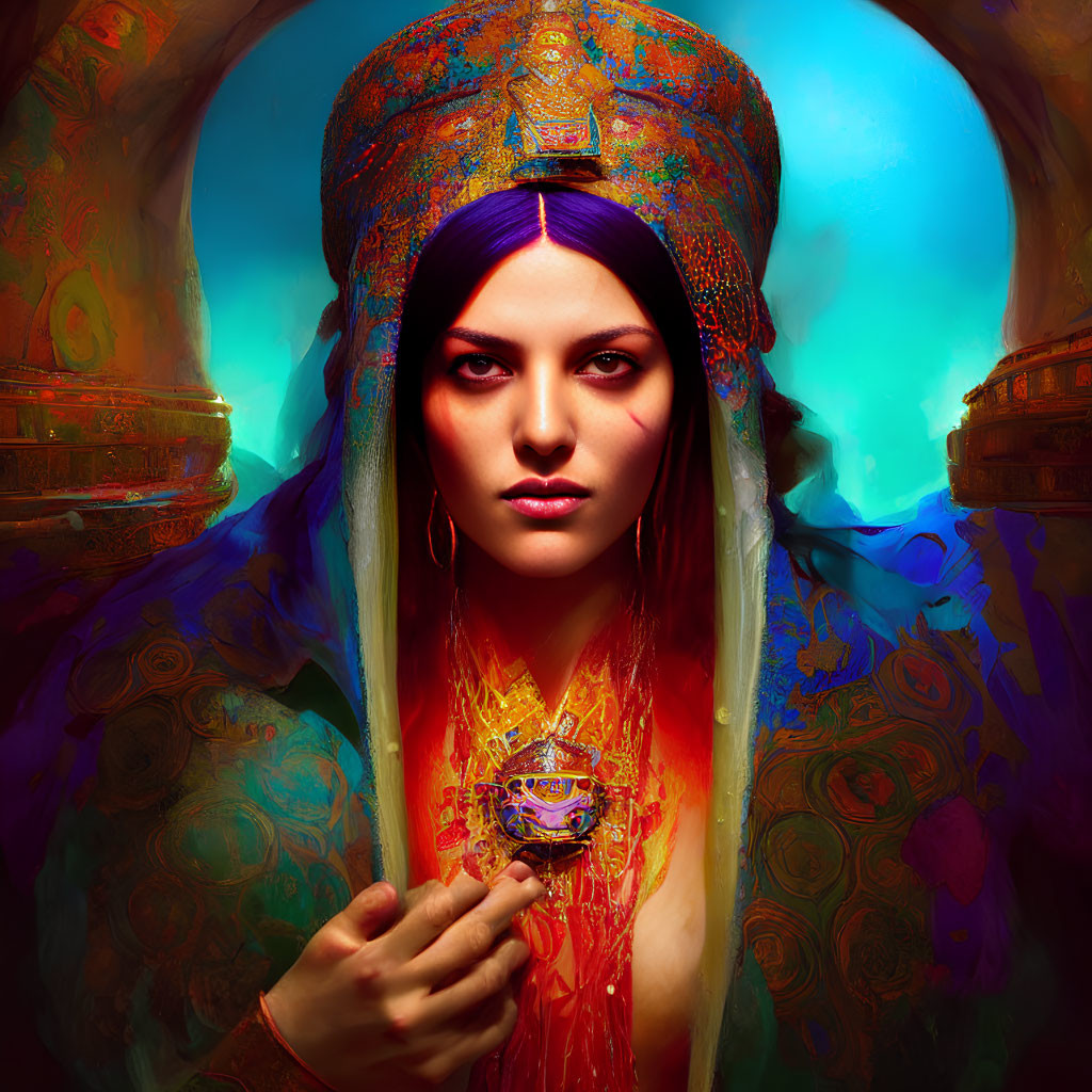 Purple-haired woman in ornate headpiece with luminous object against vibrant backdrop