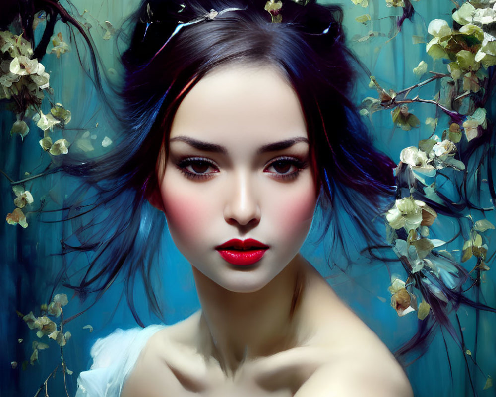 Digital artwork featuring woman with blue hair, red lips, fair skin, and blossoms.