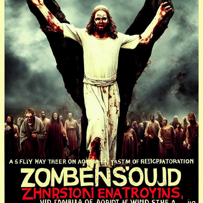 Dramatic movie poster: central figure resembling Jesus with zombies in post-apocalyptic scene