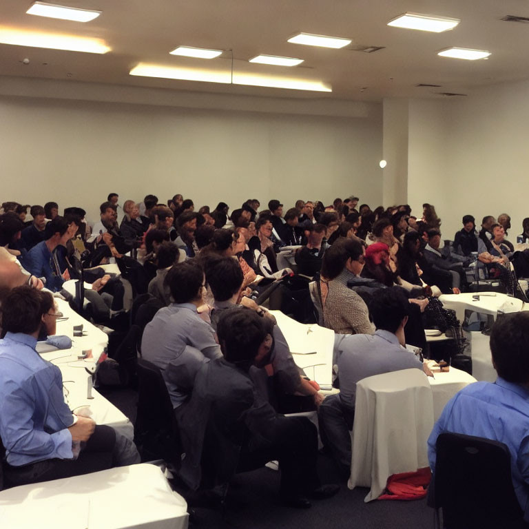 Crowded conference room with attendees listening to presentation