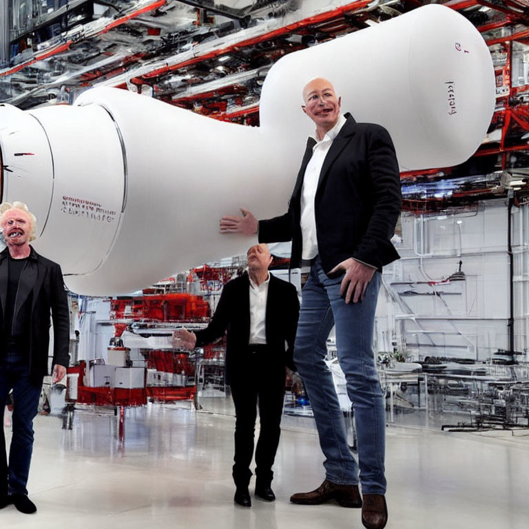 Men in industrial facility with white rocket part in background. Man in black gestures proudly.