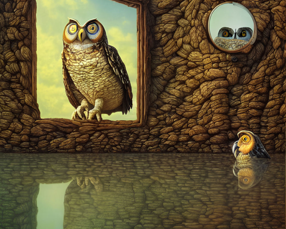 Owl perches beside reflection in stone room mirror