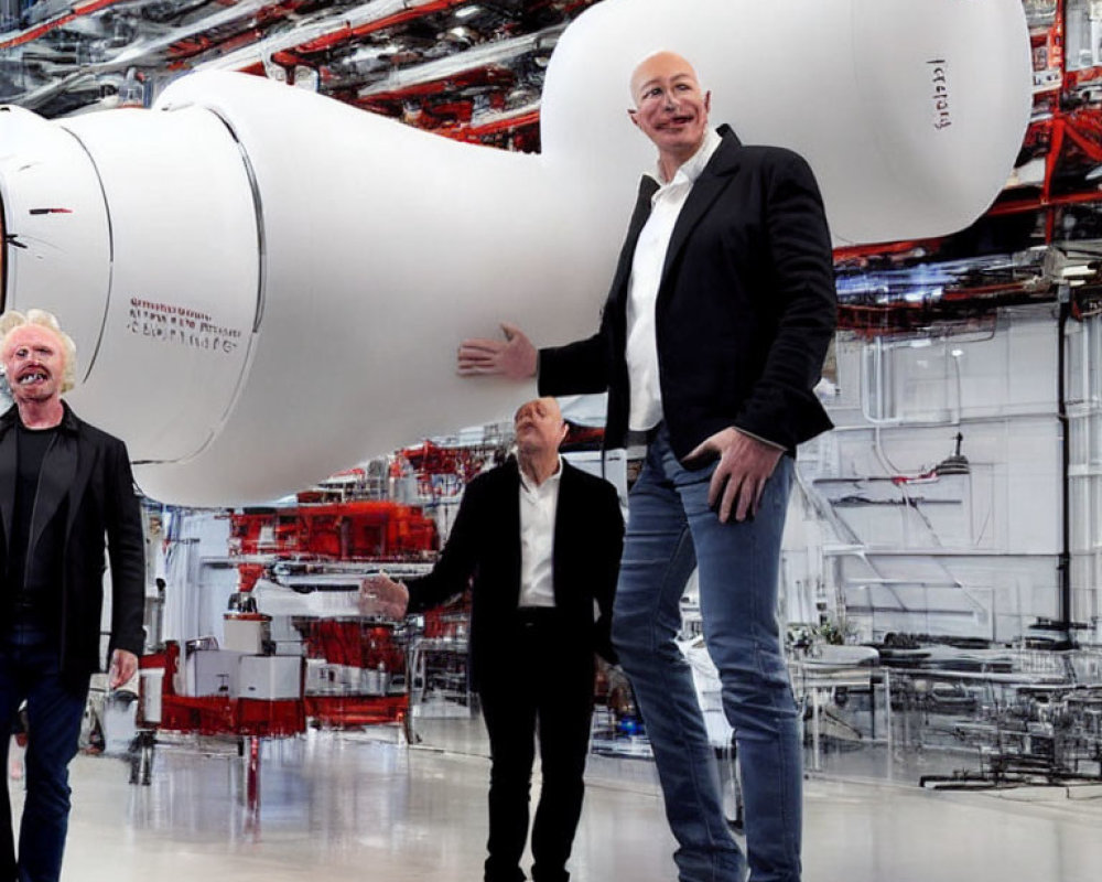 Men in industrial facility with white rocket part in background. Man in black gestures proudly.