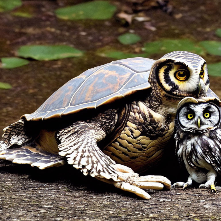 Tortoise with owl wings and head beside a small owl in forest