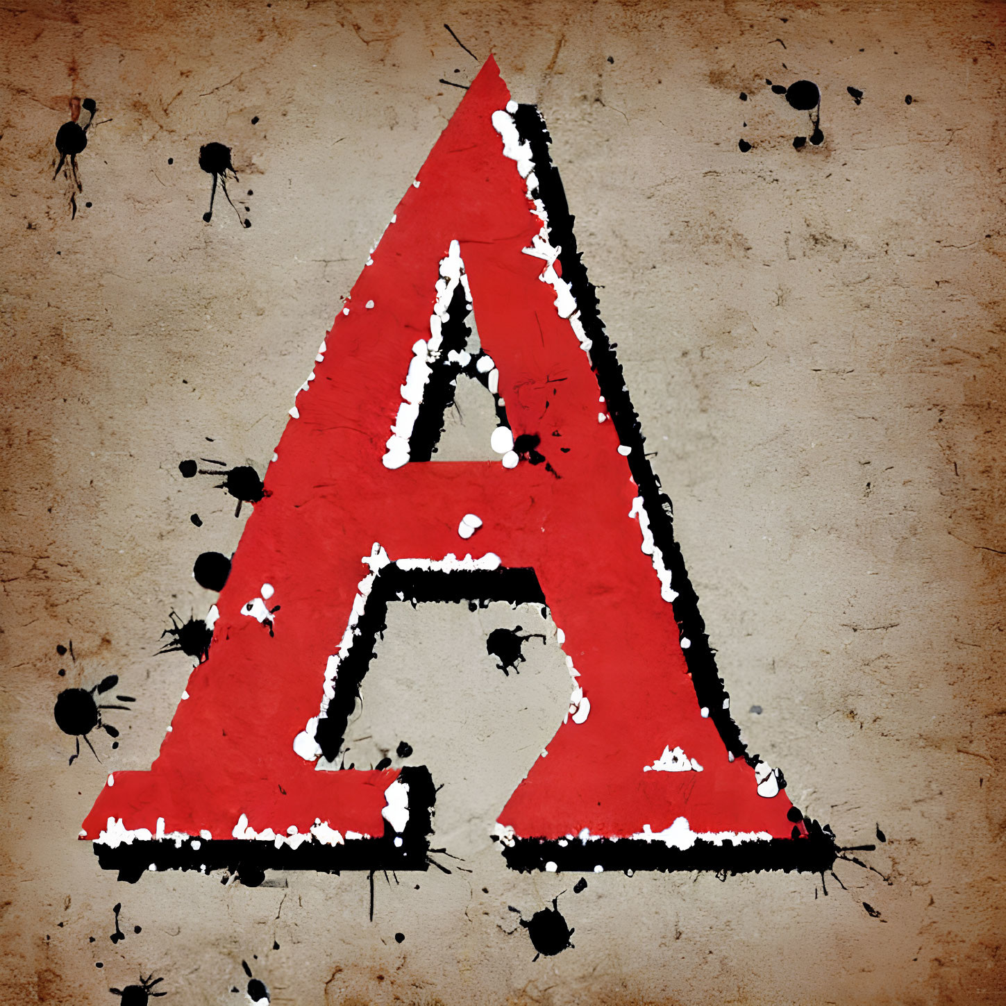 Grunge red letter A with black ink splatters on beige background