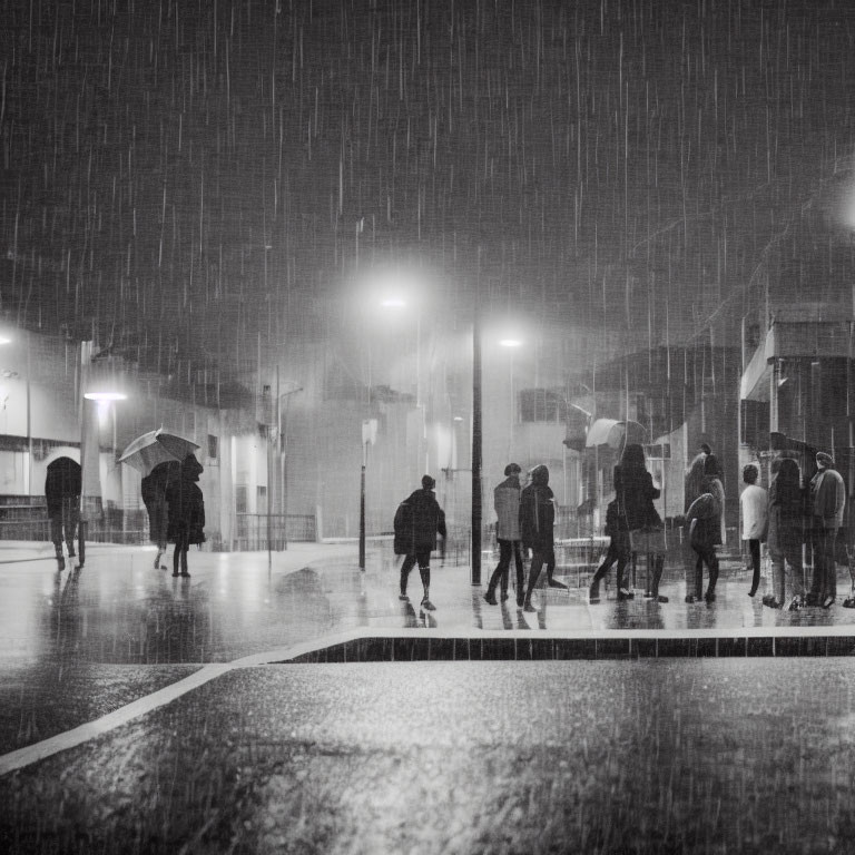 Rainy Night Scene: People with Umbrellas Walking under Streetlights in Black and White